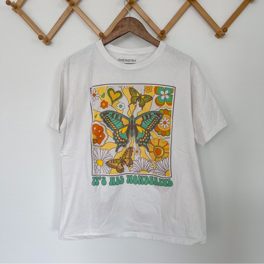 Oversized 70's 80's Style Butterfly Retro Graphic Multicolor Floral Tee